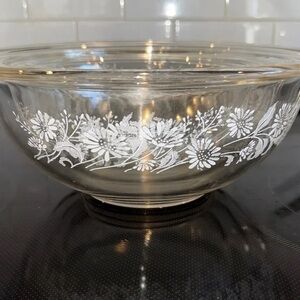 Pyrex Clear Glass Bowl with White Floral Pattern